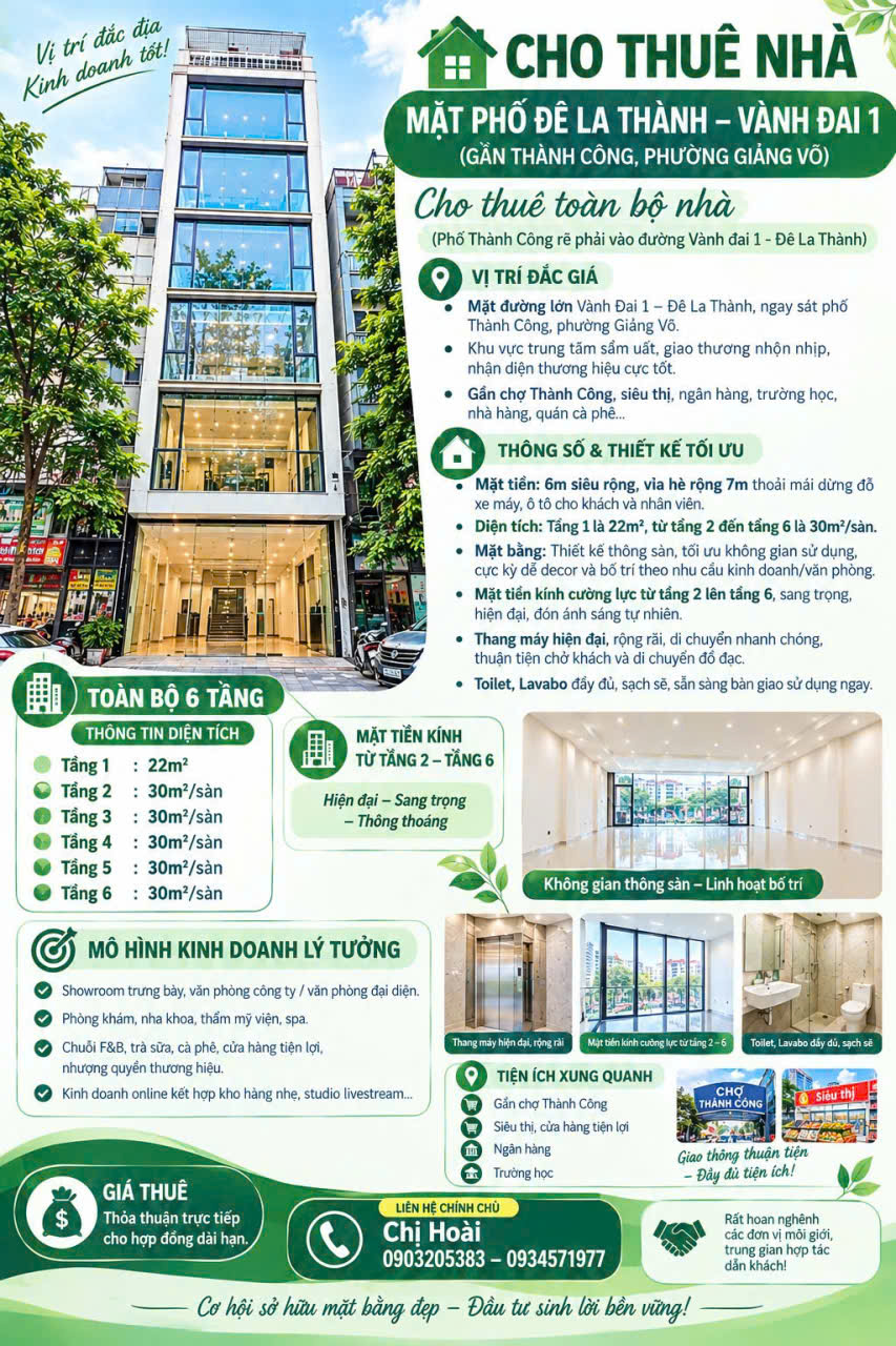 ✨chinh chu cho thue ca nha mat pho vanh dai 1 - de la thanh, ha noi; 0934571977