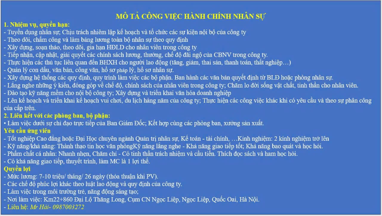 tuyen nhan su di lam ngay tai cty tnhh dong dai huu - 0987003272