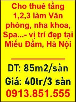 ⭐Cho thuê tầng 1,2,3 làm Văn phòng, nha khoa, Spa...- vị trí đẹp tại Miếu Đầm, Hà Nội, 0913851555