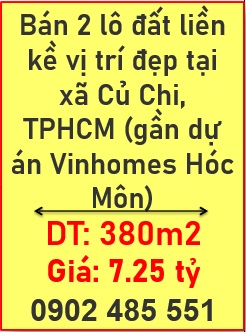 ⭐️Bán 2 lô đất liền kề vị trí đẹp tại xã Củ Chi, TPHCM (gần dự án Vinhomes Hóc Môn), 0902485551