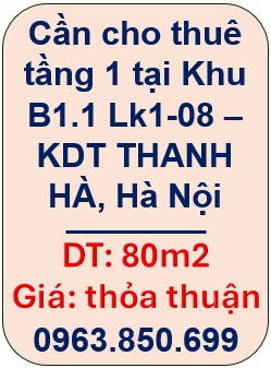 ⭐️Cần cho thuê tầng 1 tại Khu B1.1 Lk1-08 – KDT THANH HÀ, Hà Nội; 0963850699