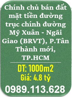 ⭐️Chính chủ bán đất mặt tiền đường trục chính đường Mỹ Xuân - Ngãi Giao (BRVT), P.Tân Thành mới, TP.HCM; 0989113628