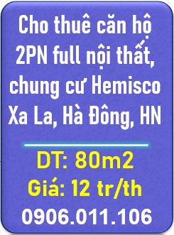 ⭐️Cho thuê căn hộ 2PN full nội thất, chung cư Hemisco Xa La, Hà Đông, HN; 0906011106