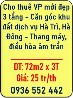⭐️Cho thuê VP mới đẹp 3 tầng - Căn góc khu đất dịch vụ Hà Trì, Hà Đông - Thang máy, điều hòa âm trần; 0936552442