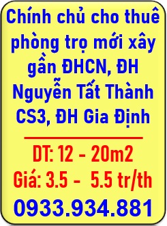 🌻Chính chủ cho thuê phòng trọ mới xây gần ĐHCN, ĐH Nguyễn Tất Thành CS3, ĐH Gia Định; 0933934881